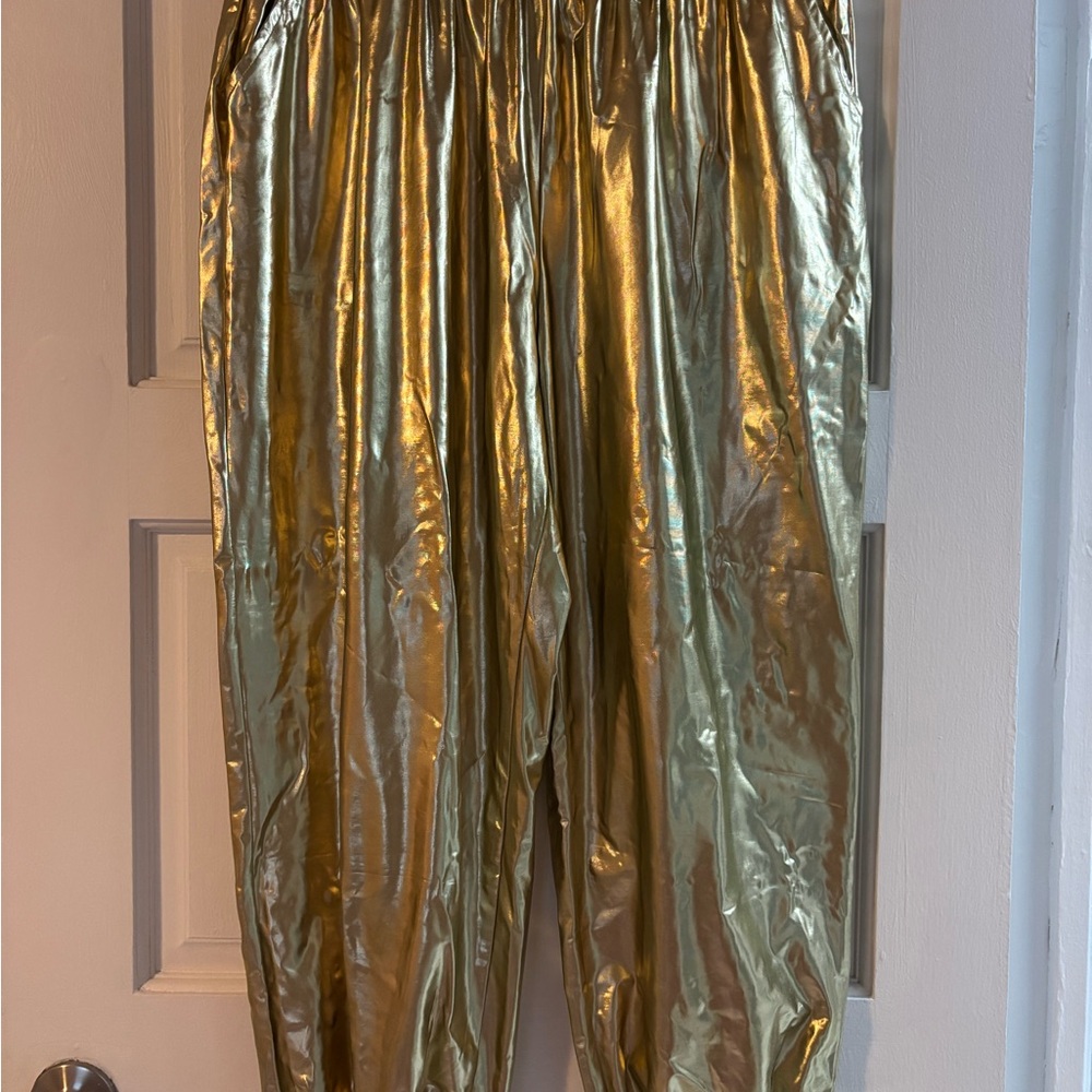 Gold Lamé Shiny Metallic High-Shine Joggers Pants Great Fit party NYE